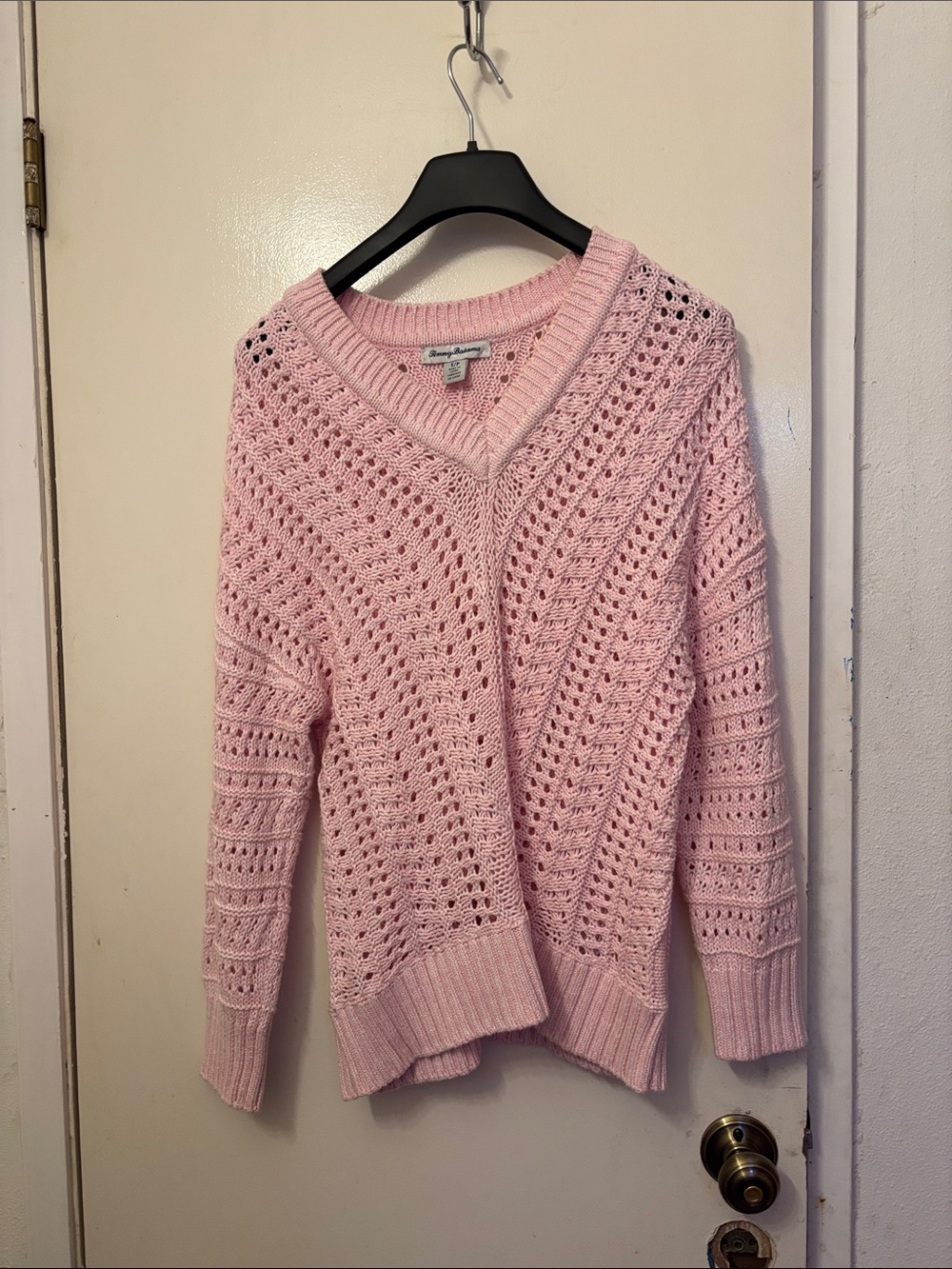 Tommy Bahama Pink Open-Knit V-Neck Sweater